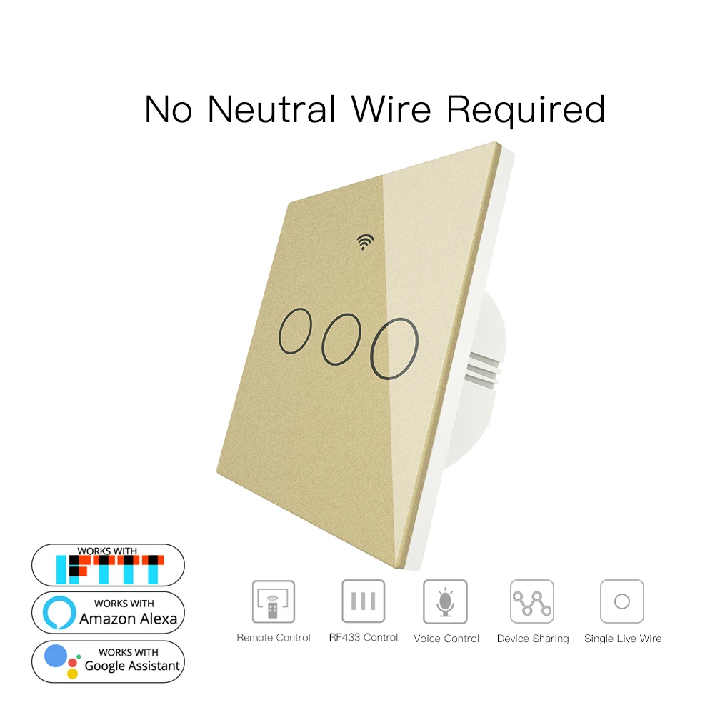 3 Gang Gold WiFi Smart Wall Switch No Neutral Wire Needed Wireless Smart Life Tuya Remote Control Single Fire Work With Alexa RF433 Gold - Цвет: 3 Gang Gold