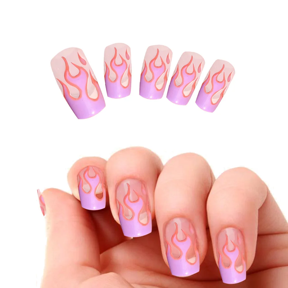 

Fashion 10pcs Nail Art Tips Flame Fire Pattern Matte Fake Nails Pre-design Short Full Cover False Nail Tips Finished Nails Art