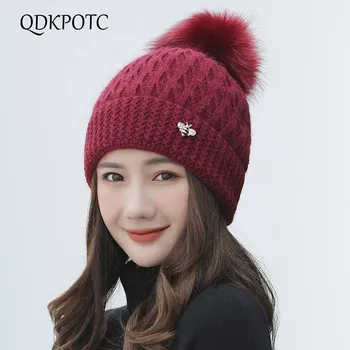 

QDKPOTC Winter Women Hairball Knitted Hat Plus Cashmere Thicken Leisure Hat Fashion Keep Warm Ear Protectors Student Winter Cap