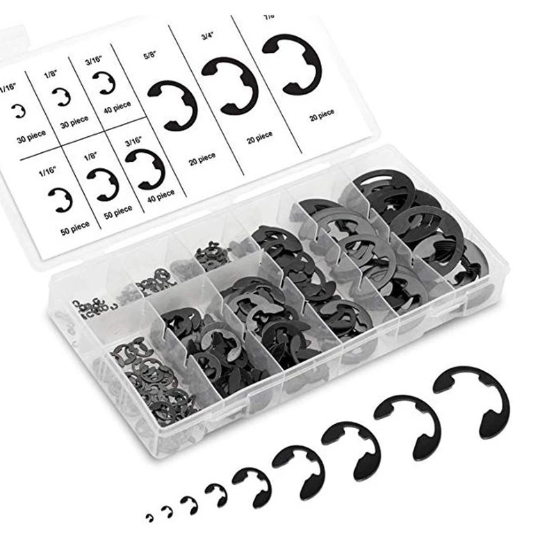 

300Pcs/Box Metal E-Clips Shaft Retaining Rings Black E-Type Clip Washers Ring Assortment Kit Fasteners Gaskets Tools