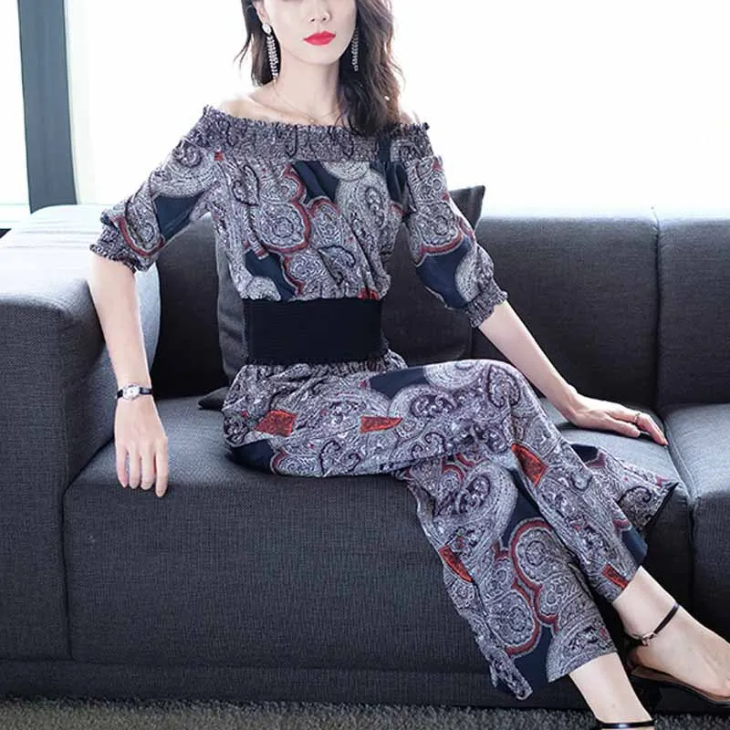 

Western Style Fashionable Slimming Vintage Printed Chiffon Blouse Elegant High-waisted Loose Pants Hoodie Pants Two-Piece Set Wo