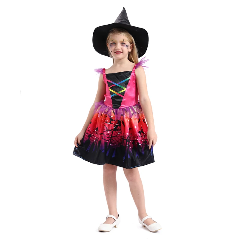 

Halloween Vampire Witch Costume Kids Cosplay Colorful Skirt Girls Fancy Dress With Hat Halloween Scary Wizard Witch Disfraces