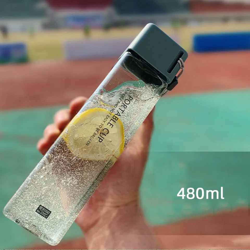 480 мл Спортивная бутылка для воды с веревкой квадратная портативная чашка для путешествий на открытом воздухе кемпинг прозрачные пластиковые бутылки для напитков
