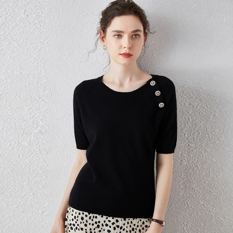 2020 Women 100% Cashmere O-neck Tshirt Short