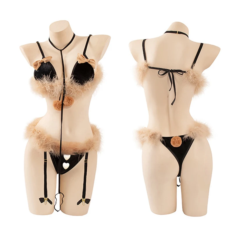 Cute Elk Xmas Cosplay Costumes Bow-knot Fuzzy Bra with Hairball Panties Undearwear Lolita Bikini Lingerie Uniform Sexy Lingerie