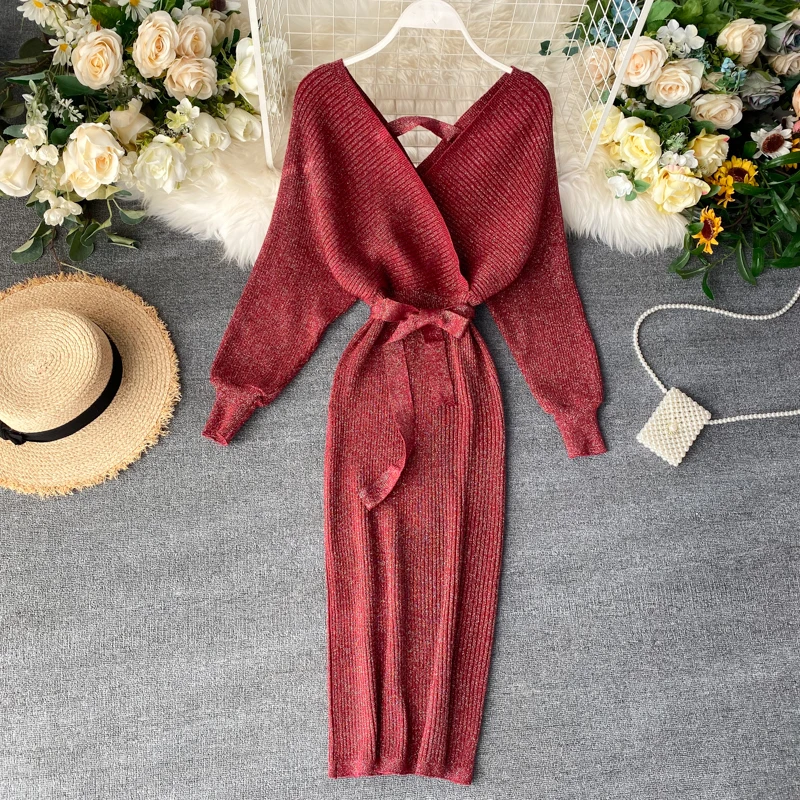 wine red Винтажное яркое шелковое платье с v-образным вырезом и рукавом летучая мышь, осеннее платье-свитер, зимние бандажные вязаные Длинные вечерние платья средней длины, элегантное женское платье - Цвет: wine red