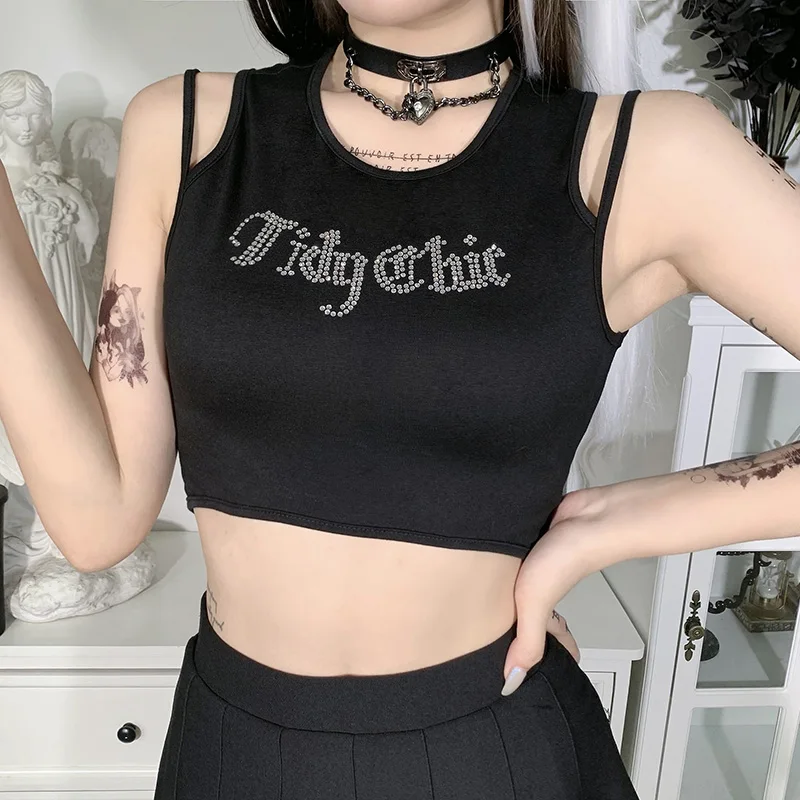 InsDoit Crop Tops negros góticos mujer, camisetas sin mangas sexys con letras de diamante, ropa de calle Punk Grunge, Camisetas sin mangas|Tank Tops| - AliExpress
