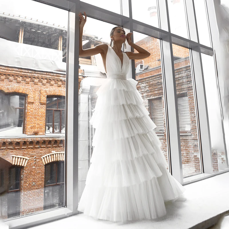Tulle Princess Bride For Women Sleeveless Lace Wedding Dress 2022 Sexy V Neck Backless Robe De Mariee Tiered A-Line | Свадьбы и