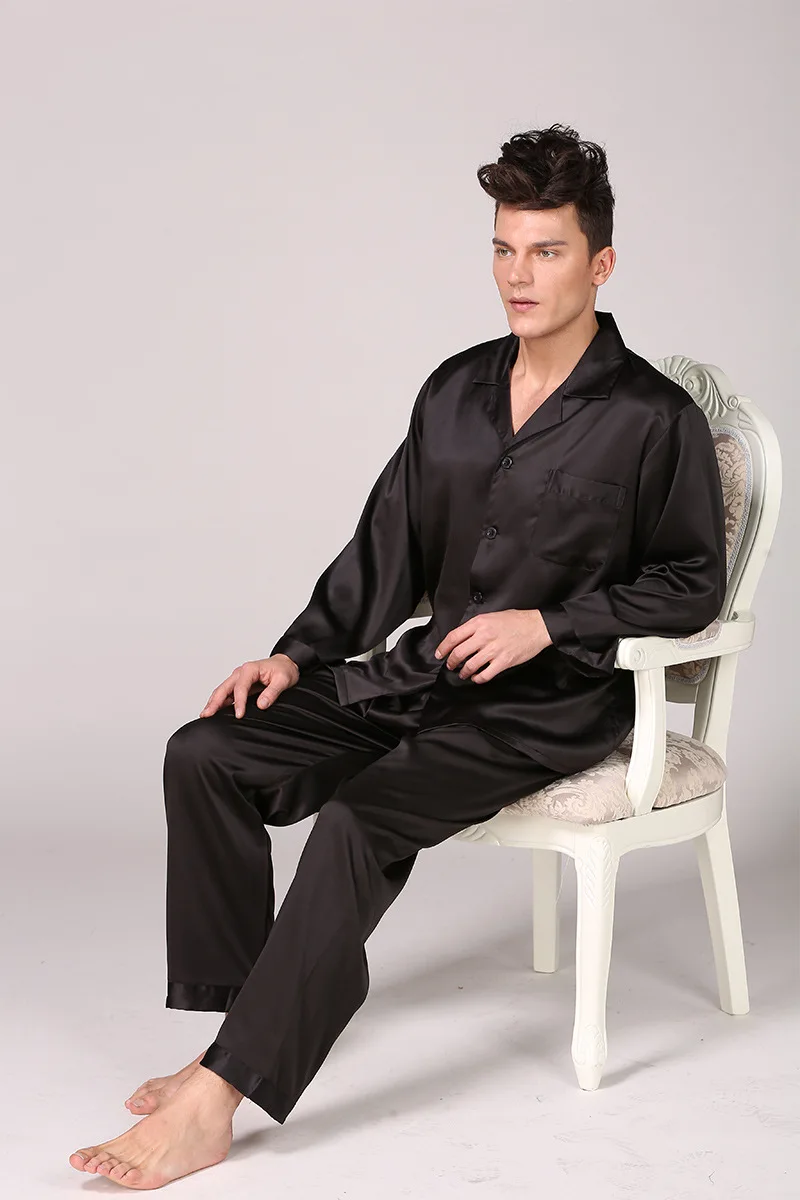 best silk pajamas Spring Summer Men'S Black Silk Pajamas Long Sleeve Solid Color Suit Oversize Homewear Casual Sleep Set 2PCS Satin Silk Sleepwear custom pajama pants