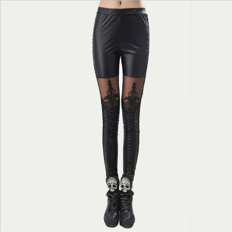 

Women Pants Black PU Leather Trousers Lace Pencil Trousers Fitness Leggings Women High Waist Pants Elastic Waist Leggings