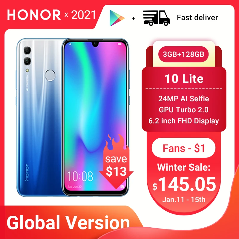 Глобальная версия Huawei Honor 10 Lite 3 Гб оперативной памяти 128GB смартфон Android 9 0 Octa Core 6 21