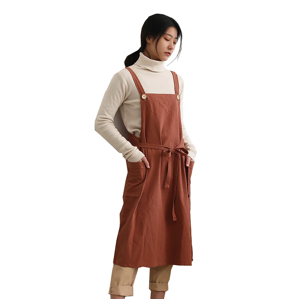 New Cotton Linen Apron For Cooking Baking Flower Shop Ruffles Work Clean Kitchen Aprons for Woman Uniform Lady Dress