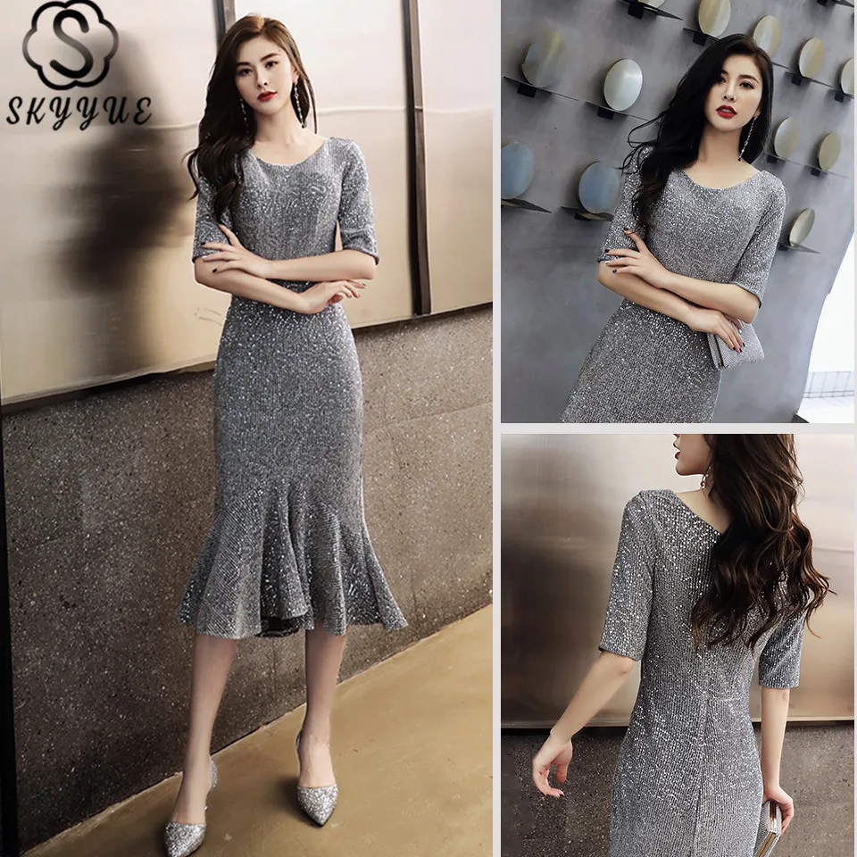 Skyyue, короткое платье для выпускного вечера, элегантное, Русалка, o-образный вырез, расшитое блестками, платье для выпускного вечера es K152 размера плюс, одноцветное, половина рукава, Vestidos De Gala