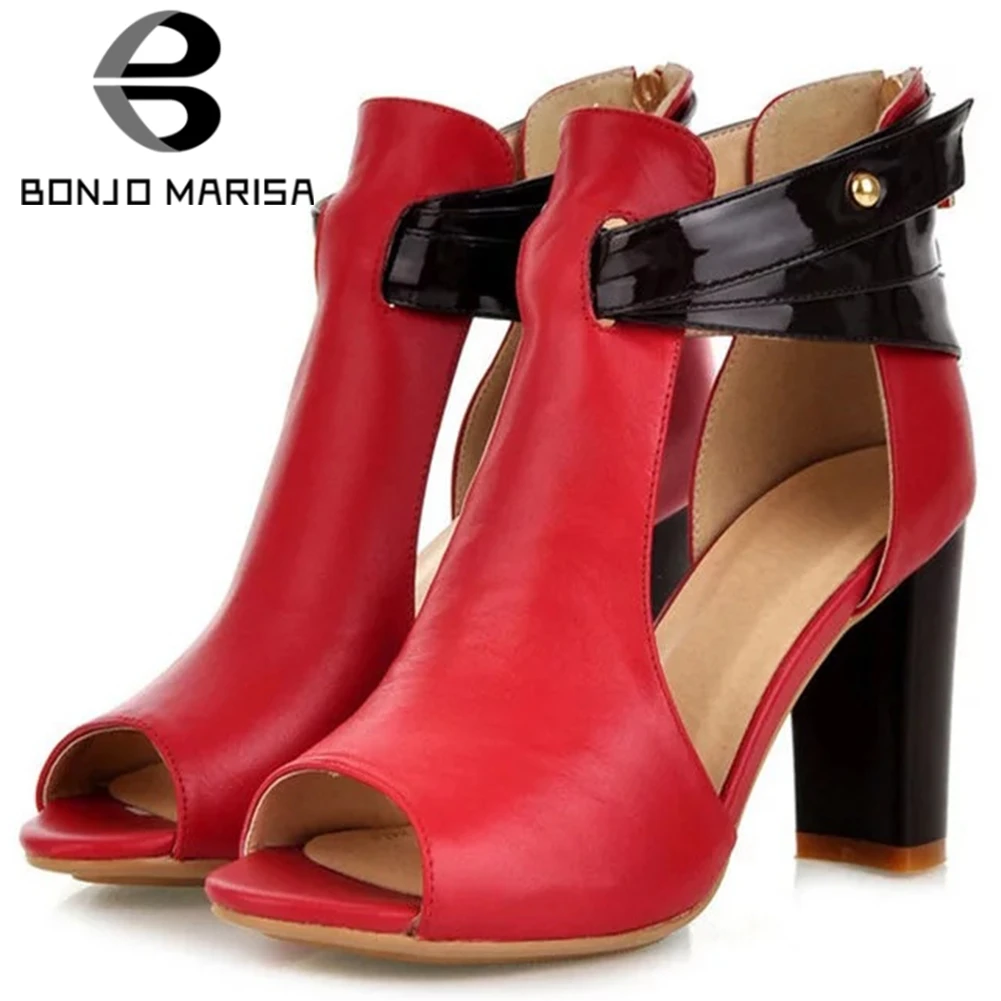 

BONJOMARISA Elegant Office Lady Sandals Fashion Peep Toe Zipper Block Heels Sandals Women Casual Dress Party Brand Shoes Woman