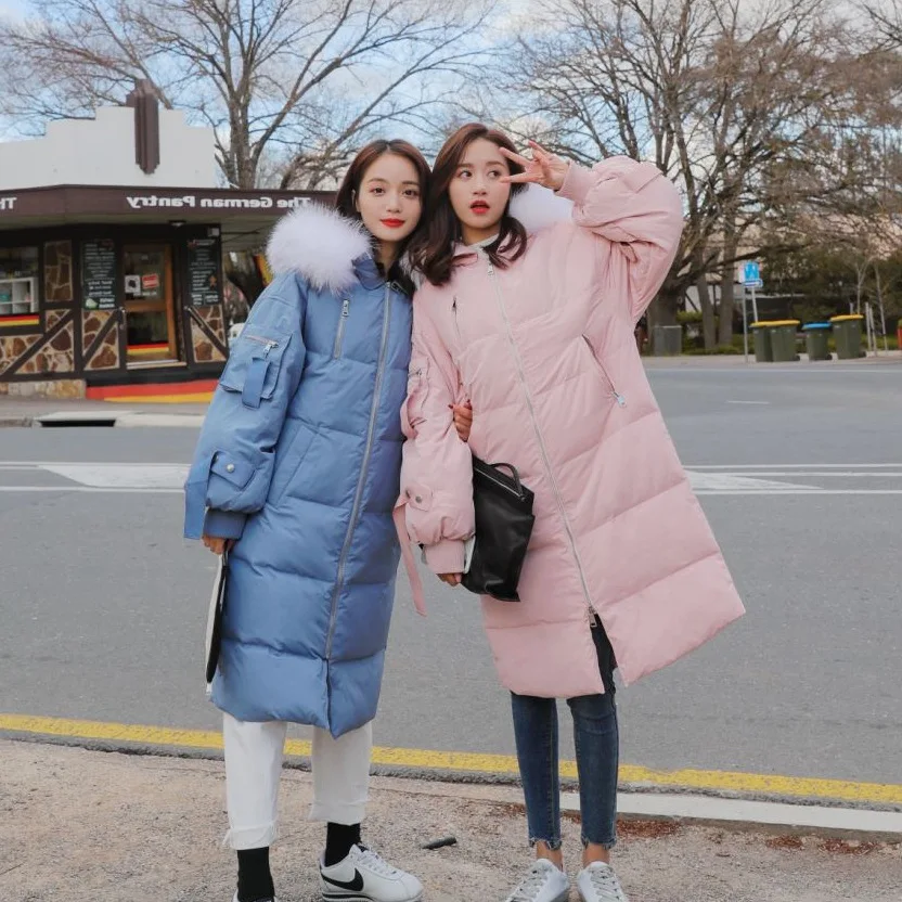 

Photo Shoot CHIC Sweet Pink over-the-Knee Lantern Sleeve Hooded Large Fur Collar Lantern Sleeve down Coat Cotton Overcoat Women'