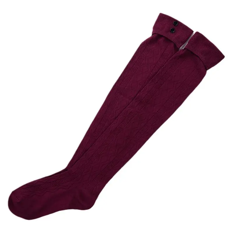 

Women Girl Winter Knitted Knee High Long Socks Roll Down Cuffed Solid Color Braided Rhombus Jacquard Stockings with Button Decor