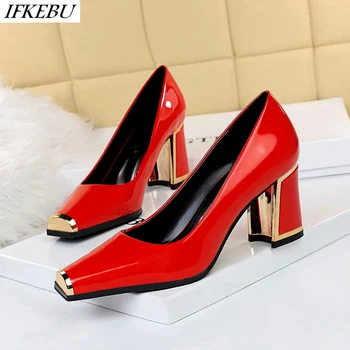 

2020 New Square Toe Pumps Women High Heels Slide Shallow Slip on Pump Fashion Square Heel Shoes Zapatos De Mujer Red Black Nude