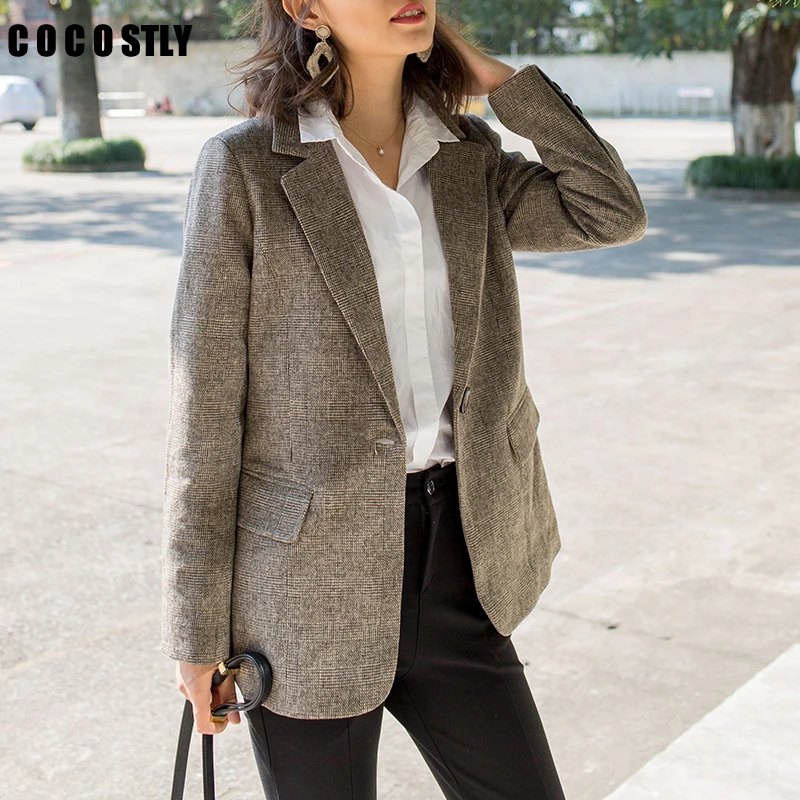 

Plaid Blazers Women jacket Autumn Women's Plaid Small Blazer Loose Retro Casual Plaid Suit office lady Jackets veste femme