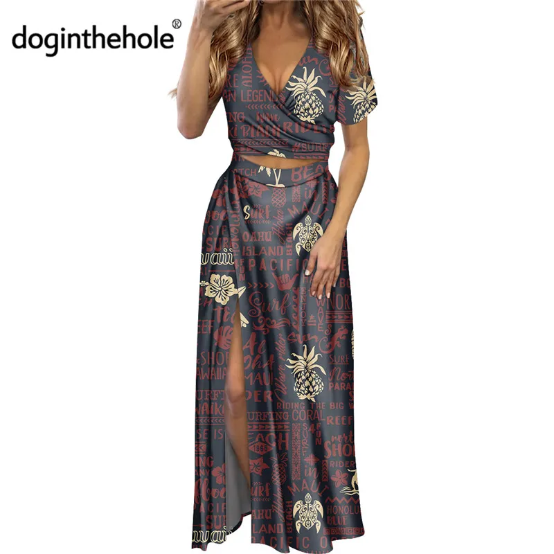 

Doginthehole Summer 2pcs Set Women's Outfits Hawaii Aloha Turtle Pattern Crop Tops Side Slit Dress For Teen Girls Beachwear