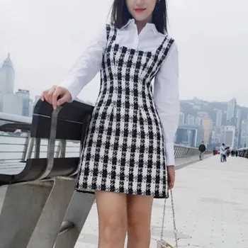 

Square Collar Women Mini Dress 2020 New Plaid Tweed Sling Short Dresses Female Wild Stylish Clothing Casual