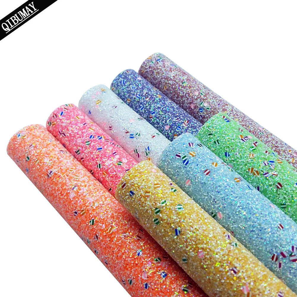 

QIBU 22*30cm Chunky Glitter Fabric Colorful Faux Leather Sheets DIY Hair bow Vinyl Fabric PU Leather Bag Shoe Decor Materials