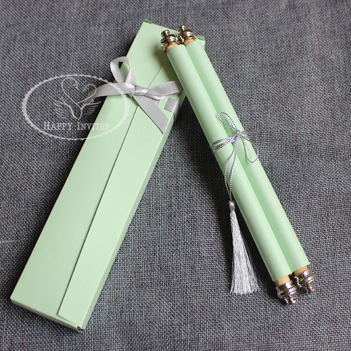 HI2051-23 Customized Light Green  Scroll Wedding Invitation with Champagne Wirting