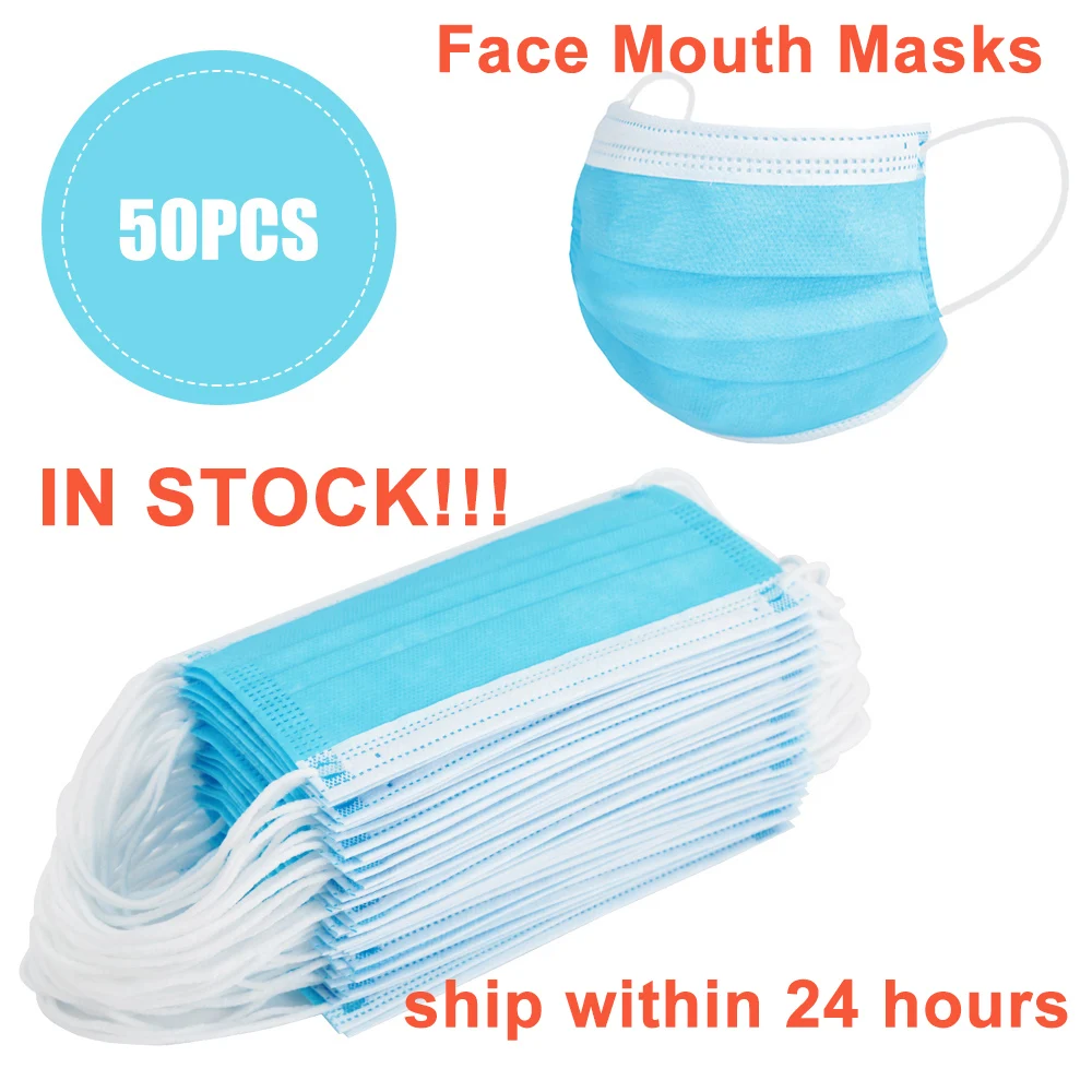 

50PCS 3-layer Face Mouth Masks Dustproof Anti-bacteria t Anti virus Disposable Protection Masks with Elastic Ear Loop