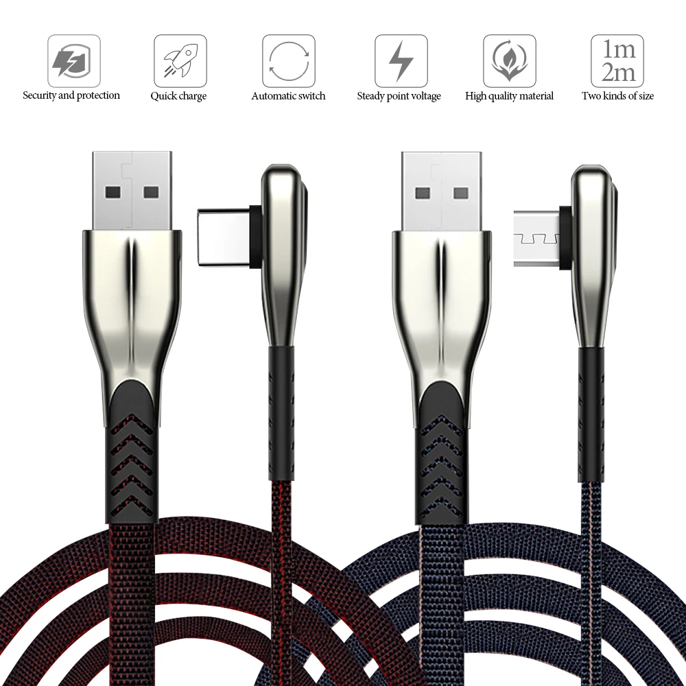 2 м 90 градусов кабель для samsung A50 Быстрая зарядка type C Xiaomi Redmi Micro USB huawei Honor QC3.0 линия