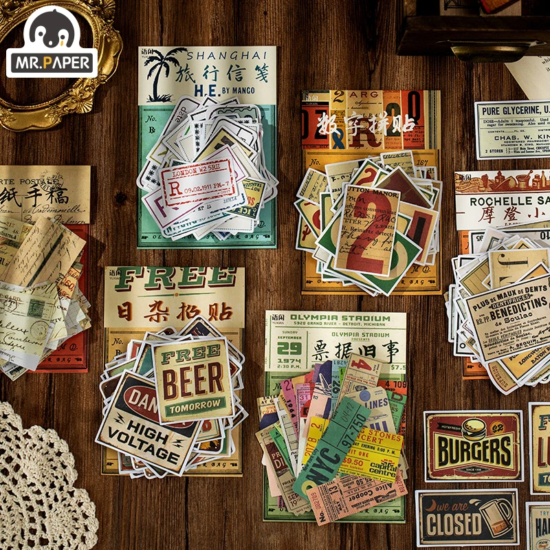 

Mr.paper 60Pcs The Past of Retro Sticker Bag Writing Paper Deco Labels Decals Scrapbooking Planner Decorative School Stationery