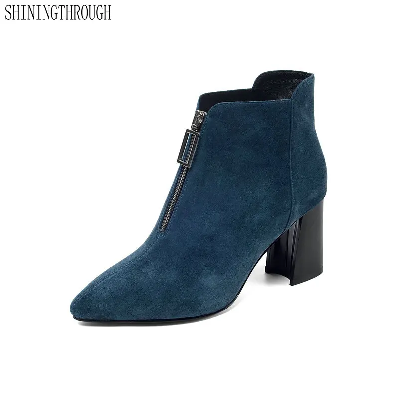 

Women Ankle Boots suede Leather High Heels Shoes Woman poined Toe Party Wedding Autumn Winter Warm zipper Basic Boots