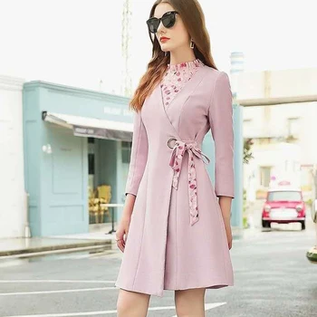 

2020 Autumn New Style Sexy V-Neck Long-Sleeved Belt Slim Fit Temperament Elegant Print Mid-Length Dress Women'S Clothing