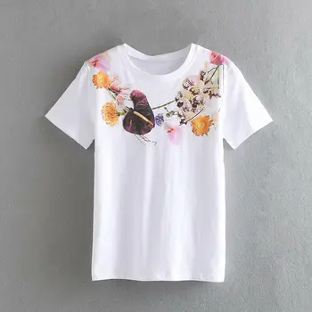 

New 2020 Women summer front flower print casual white T-shirt female o neck basci knitted chic T shirts leisure tops T650