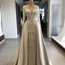 Robe De Soiree Longue вечерние платья с круглым вырезом и кристаллами, вечерние платья для выпускного вечера размера плюс, Платья для вечеринок со съемным шлейфом