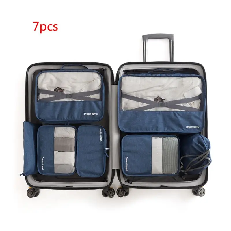 7 PCS/SET Portable Packing Cube Large Capacity Travel Organizer Bag Luggage Clothing Waterproof - Цвет: Темно-синий
