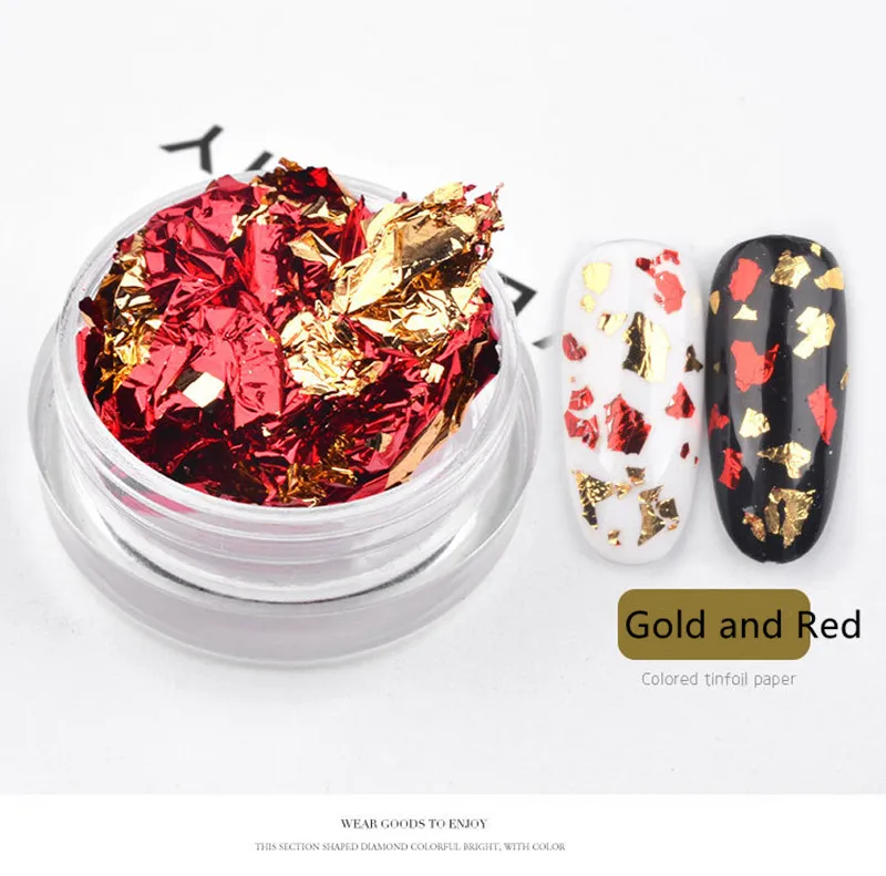 Gold and Red 1 коробка алюминиевая фольга для ногтей двухсторонняя красочная неправильная наклейка из фольги бумага 3D блестки хлопья лазер DIY Маникюр украшения - Цвет: Gold and Red