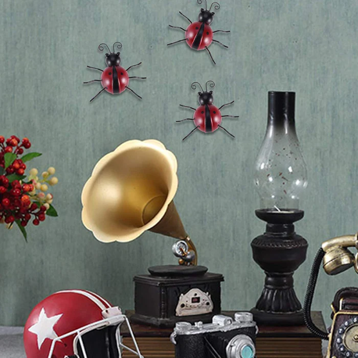 3 Pcs Iron Ladybug Metal Wall Hanging Art Decorations Ornament for Home Garden E2S