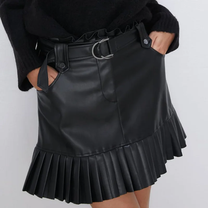 FCCEXIO плиссированные юбки из искусственной кожи, женская модная юбка с завязками на поясе и карманами, Женские Элегантные мини юбки, женские офисные юбки