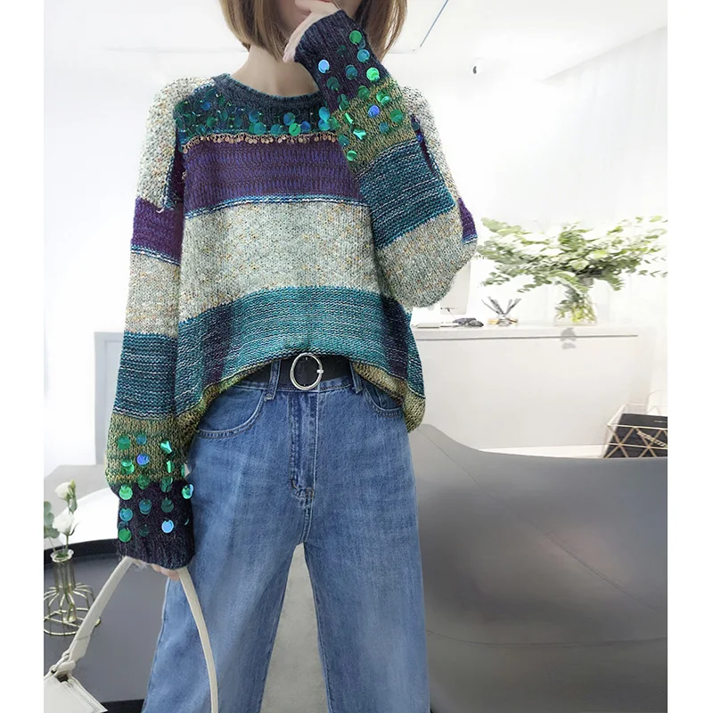 Women Oversized Sweater 2019 Autumn Winter Hit Color Striped Sequins Knitted Women Sweaters and Pullovers Korean Crop Sweater Women Oversized Sweater 2019 Autumn Winter Hit Color Striped Sequins Knitted Women Sweaters and Pullovers Korean Crop Sweater