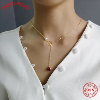 

POFUNUO 925 Sterling Silver Pearl Red Zircon Heart Pendant Chic Necklace for Women Minimalist Geometric Adjustable Gold Chokers