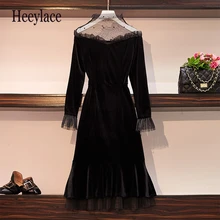 Женские черные сексуальные бархатные платья размера плюс с открытыми плечами и высокой талией в Корейском стиле больших размеров