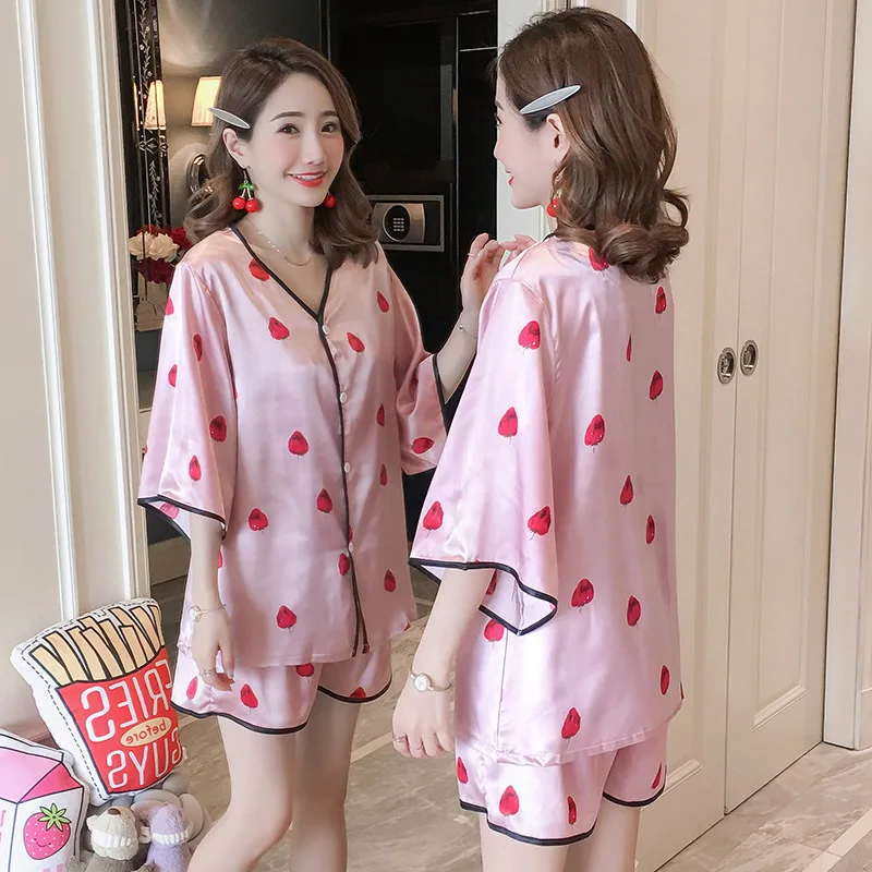 

8807 # Pajamas Women's Summer Viscose Thin Sexy Cute Real Silk Short Sleeve Two-Piece Set Summer Home Wear