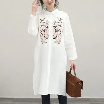 

2020 Spring Linen Long Shirt Women Full Sleeve Casual Embroidery Floral Blouse Shorts