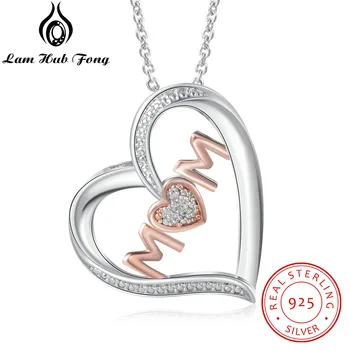 

925 Sterling Silver Letter Mom Necklaces Heart Shape Pendant Necklaces for Women Cubic Zirconia Fine Jewelry (Lam Hub Fong)