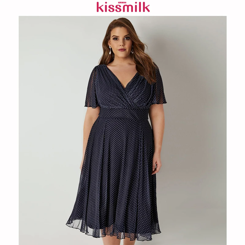 

Kissmilk Plus Size Women Office Lady Casual Dot Print Deep V Neck Short Sleeve High Waist Wrinkle Hem A Line Midi Dress