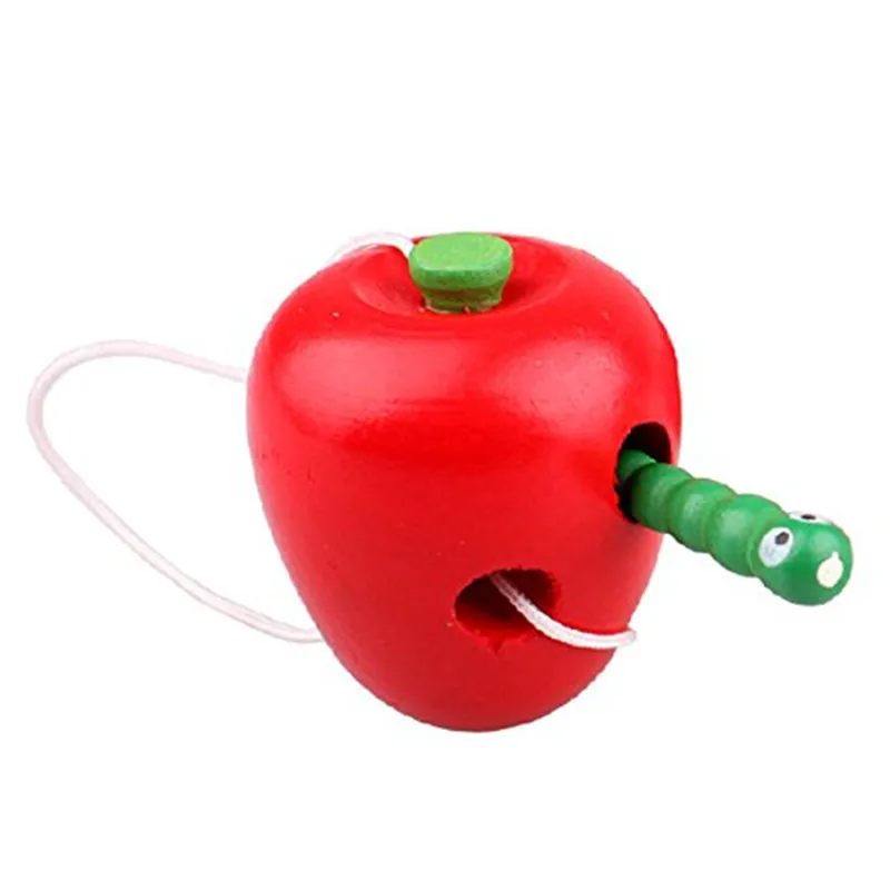 Baby Wooden Toys Worm Eat Fruit Cheese Wood Toys Baby Kids Educational Rope-piercing Montessori Gifts M0040