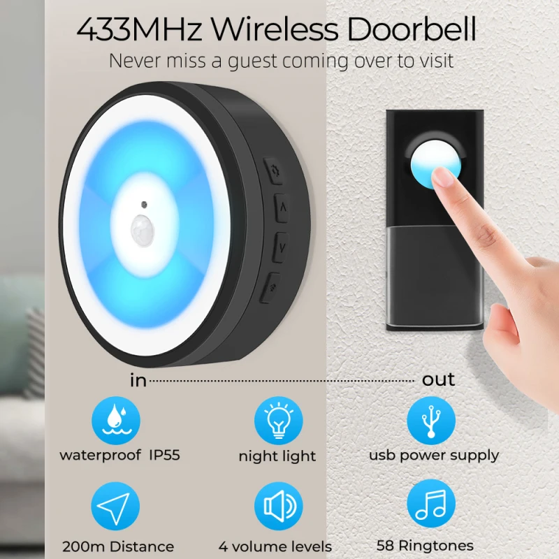 Timbre de puerta inteligente IP55 inalámbrico, con alimentación USB, 433MHZ, luz nocturna LED, aro inalámbrico