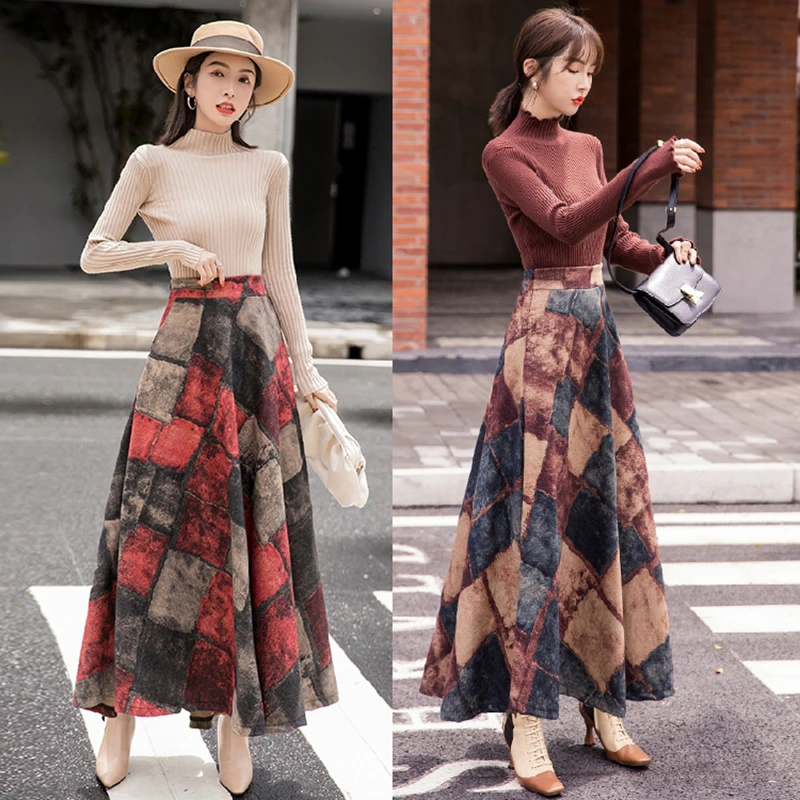 HAYBLST Брендовая женская юбка Осень Зима Плюс Размер 3XL элегантный корейский стиль мода плед Высокая талия длинная одежда утолщение