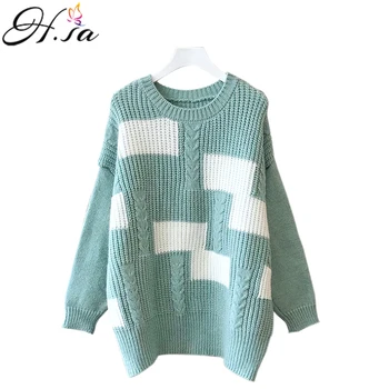 

H.SA Winter Twisted Pullover and Sweaters 2019 Patchwork Blue Jumpers Thick Pull Femme Yellow Blue College Style Korean Sweaters