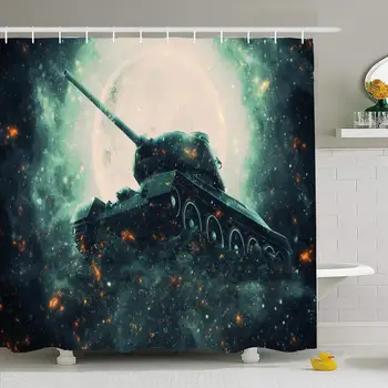 

Shower Curtain Set with Hooks 66x72 Battle Tank Full Dramatic Night in Weapon Moon Transportation Iron Armed Cannon Sky Heavy