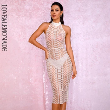 

LOVE&LEMONADE A/W Sexy White Open Back Halter Perspective Mesh Glitter Glued Material Knee Dress LM82019